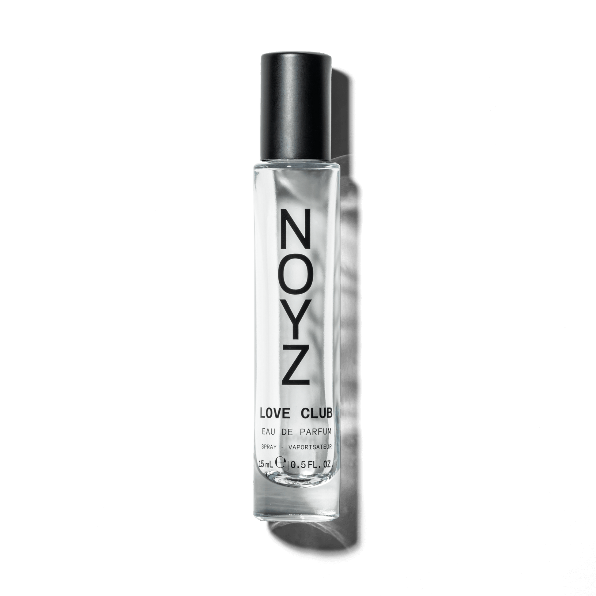 A small glass bottle of NOYZ Love Club, a sustainably crafted unisex perfume
