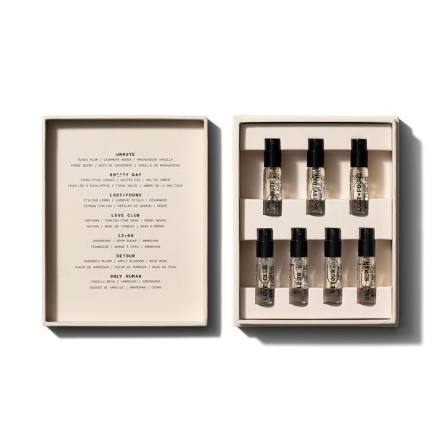The seven NOYZ eau de parfum vials from the Discovery Kit