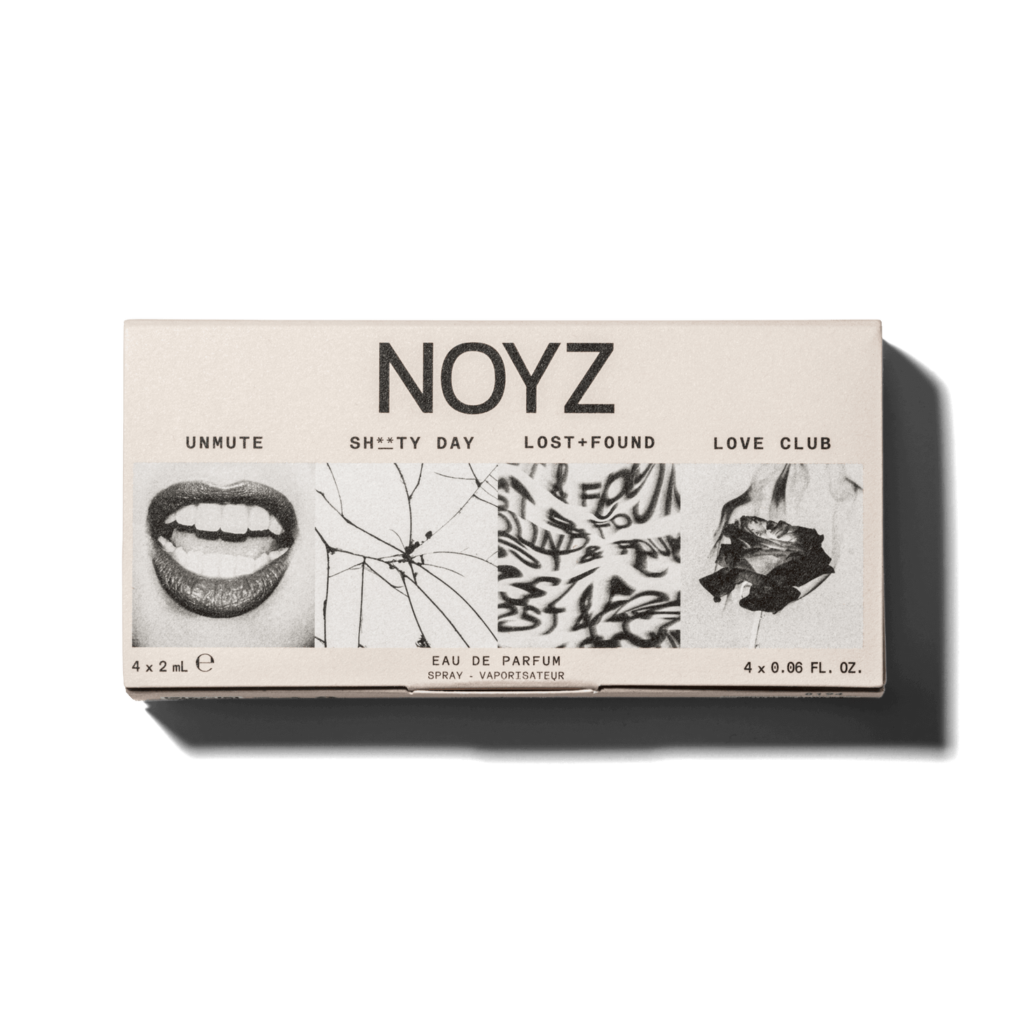 A minimalist box of all 4 NOYZ perfumes shows an open mouth and flowers. Find your sexiest scent.