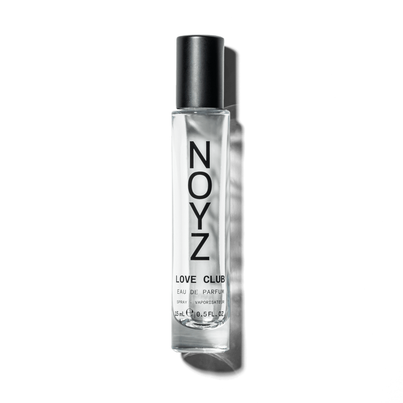 A small glass bottle of NOYZ Love Club, a sustainably crafted unisex perfume