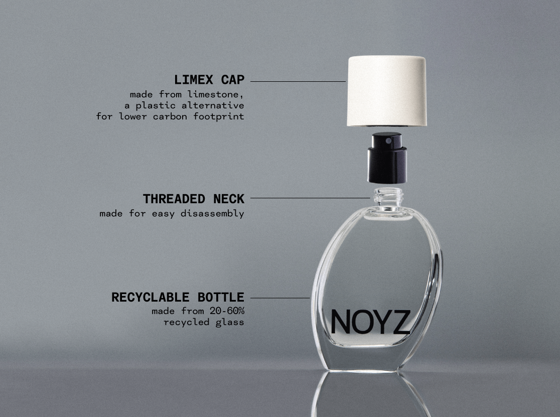 A bottle of NOYZ perfume showing the sustainability of its Limex cap made of limestone instead of plastic and its recyclable glass bottle